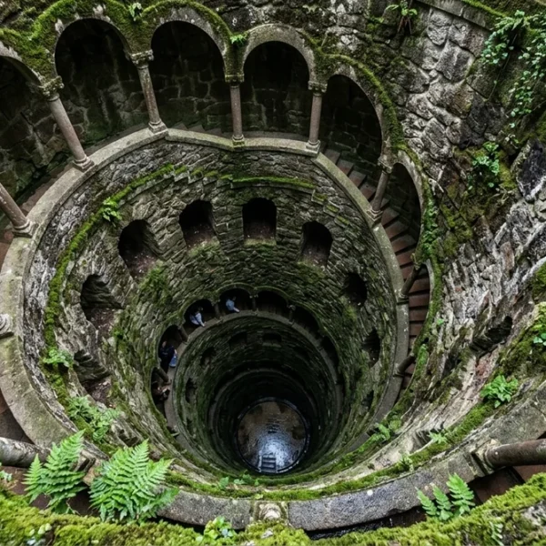 Looking down the spiral staircase of the Initiation Well at Quinta da Regaleira in Sintra