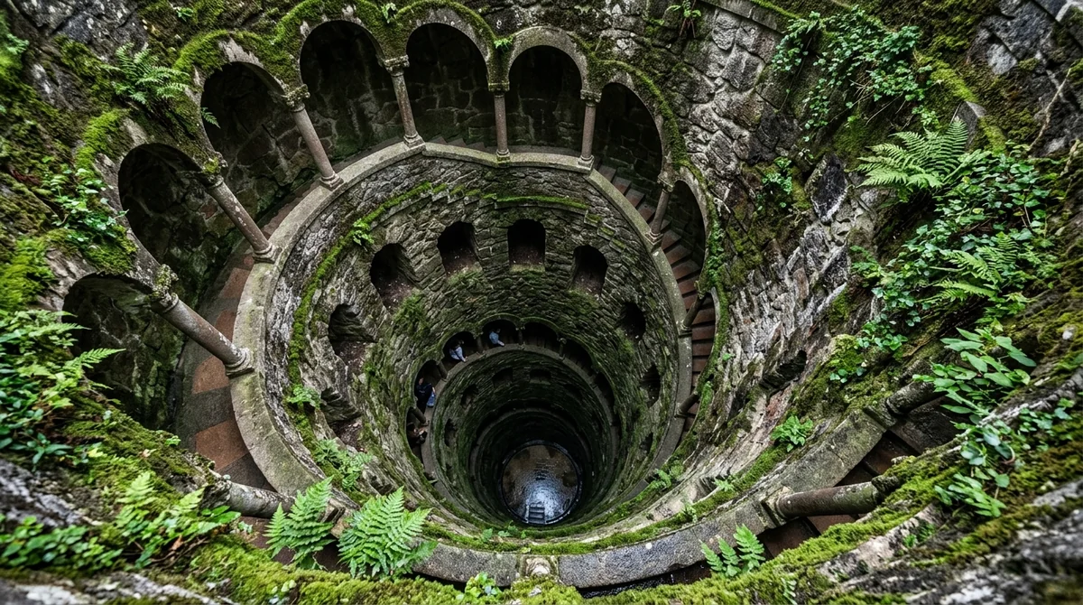 Looking down the spiral staircase of the Initiation Well at Quinta da Regaleira in Sintra
