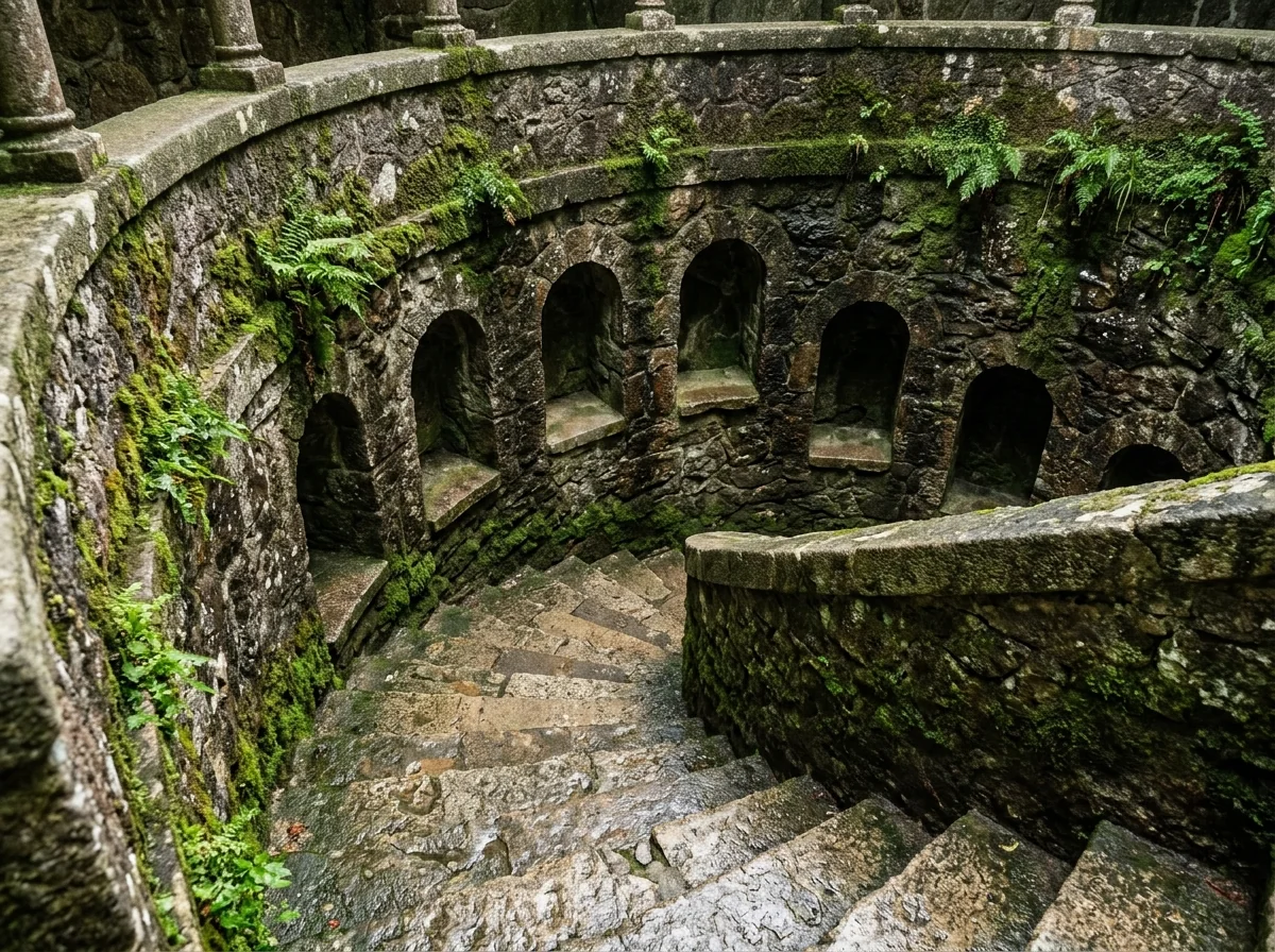 Stone steps and carved niches on the spiral of the Initiation Well, Quinta da Regaleira