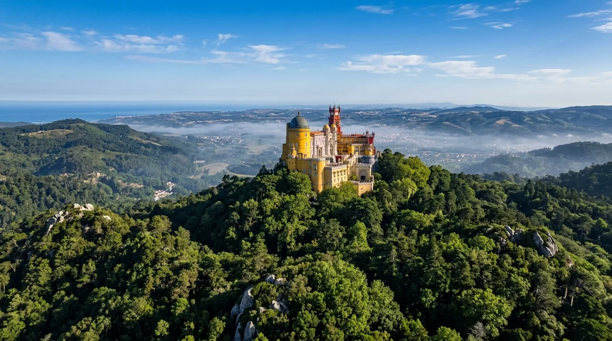 Pena Palace on its hilltop in Sintra, the starting point for a Pena Palace and Quinta da Regaleira one-day visit