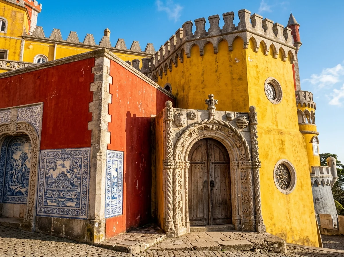 The red and yellow painted towers of Pena Palace up close in the Sintra hills