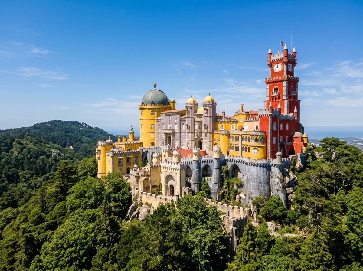 The colourful towers of Pena Palace, the main Sintra ticket monument