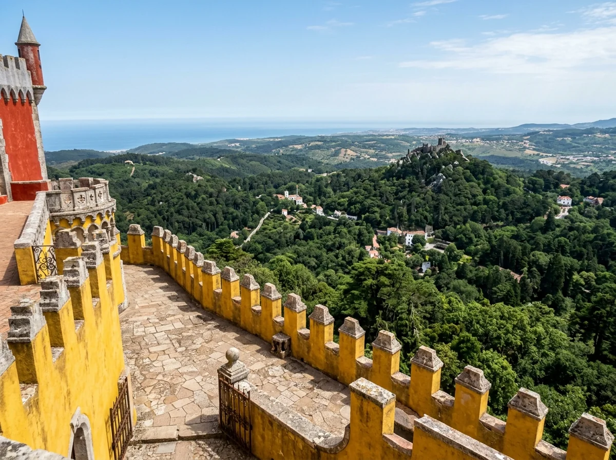 The view over the Sintra hills from the painted terraces of Pena Palace