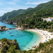The turquoise cove of Portinho da Arrabida with its offshore fort and the Serra da Arrabida behind