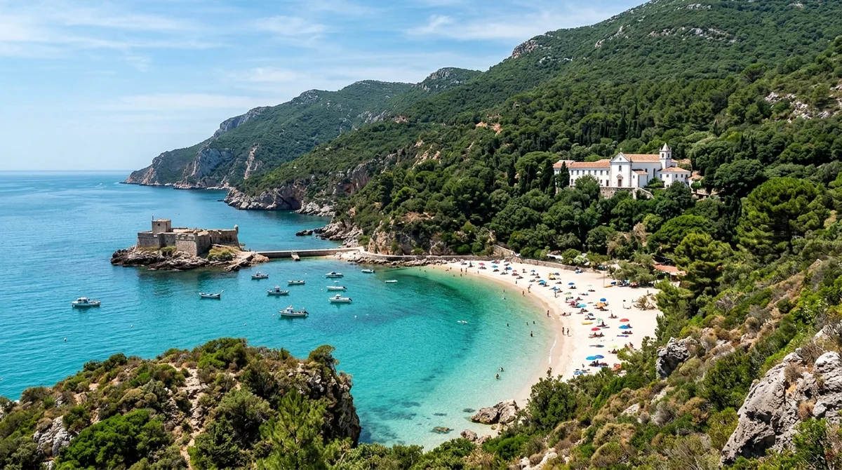 The turquoise cove of Portinho da Arrabida with its offshore fort and the Serra da Arrabida behind