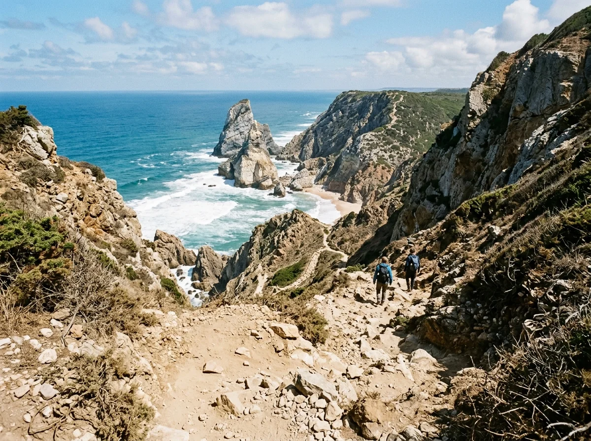 The steep cliff trail descending to Praia da Ursa beach near Sintra
