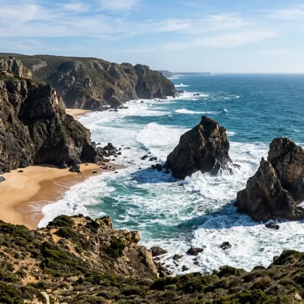 The dramatic sea stacks and cliffs of Praia da Ursa, a wild beach near Sintra