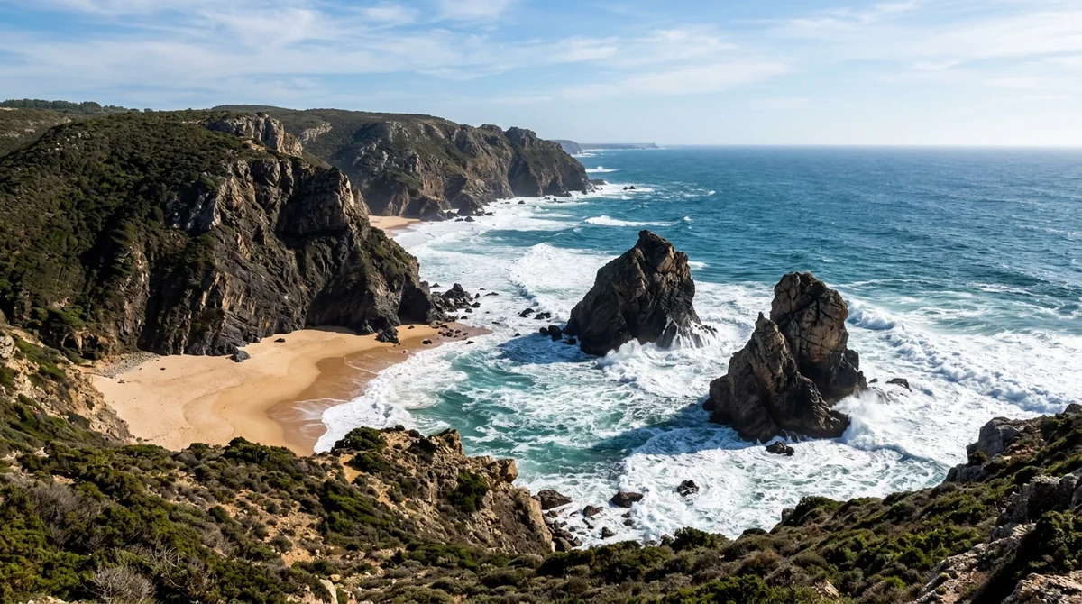 The dramatic sea stacks and cliffs of Praia da Ursa, a wild beach near Sintra
