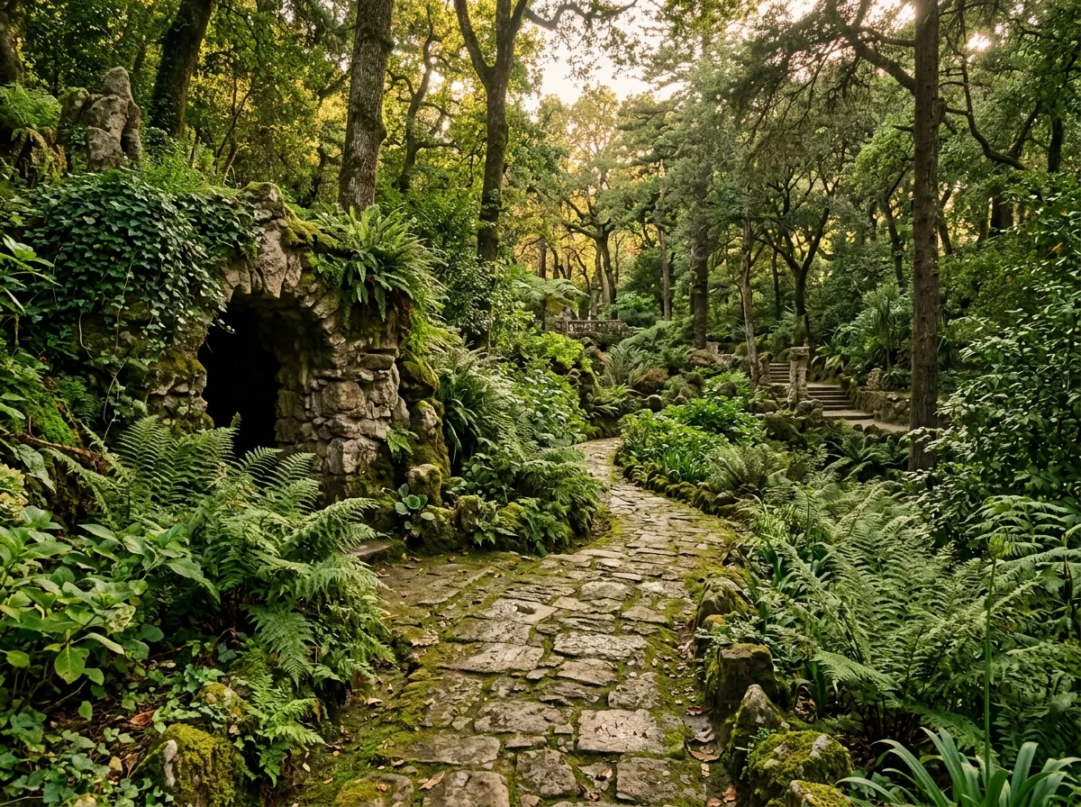 A quiet late-afternoon path through the gardens of Quinta da Regaleira