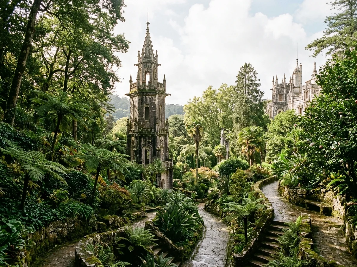 The neo-Gothic tower and green gardens of Quinta da Regaleira in Sintra