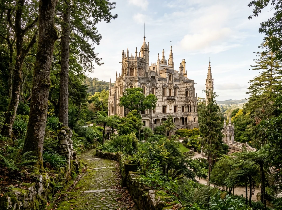 The palace and neo-Gothic tower of Quinta da Regaleira above its gardens in Sintra