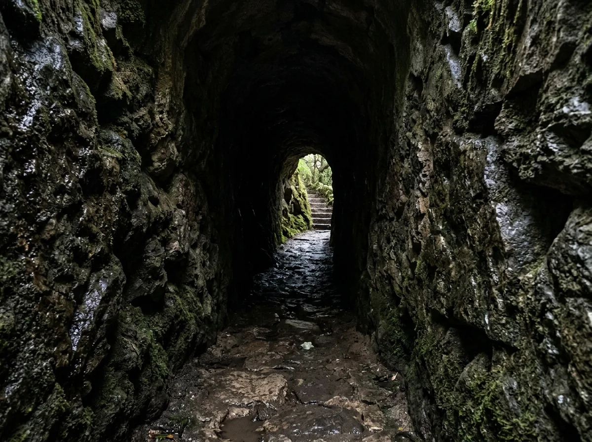 A dim underground tunnel leading from the Initiation Well at Quinta da Regaleira