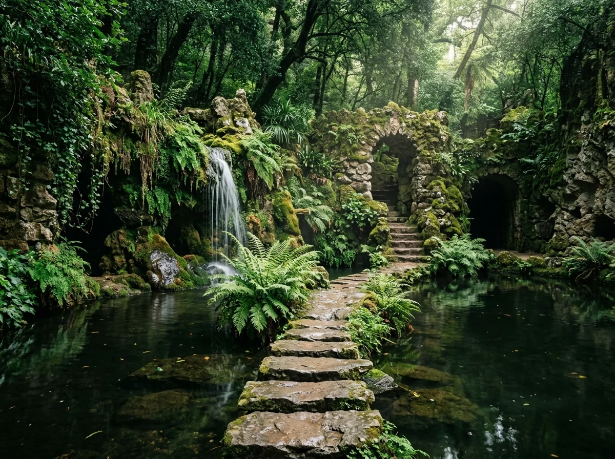 Stepping stones across the Waterfall Lake at Quinta da Regaleira, Sintra