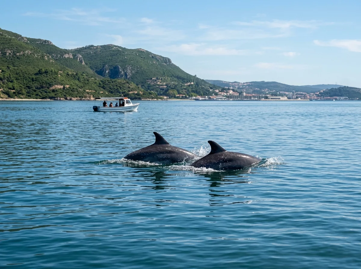 Bottlenose dolphins surfacing in the Sado estuary near Setubal on a boat tour