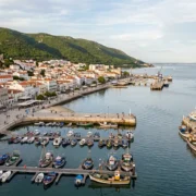 The Setubal waterfront and marina on the Sado estuary with the Serra da Arrabida behind