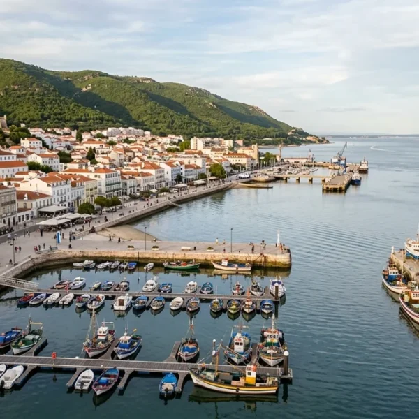 The Setubal waterfront and marina on the Sado estuary with the Serra da Arrabida behind
