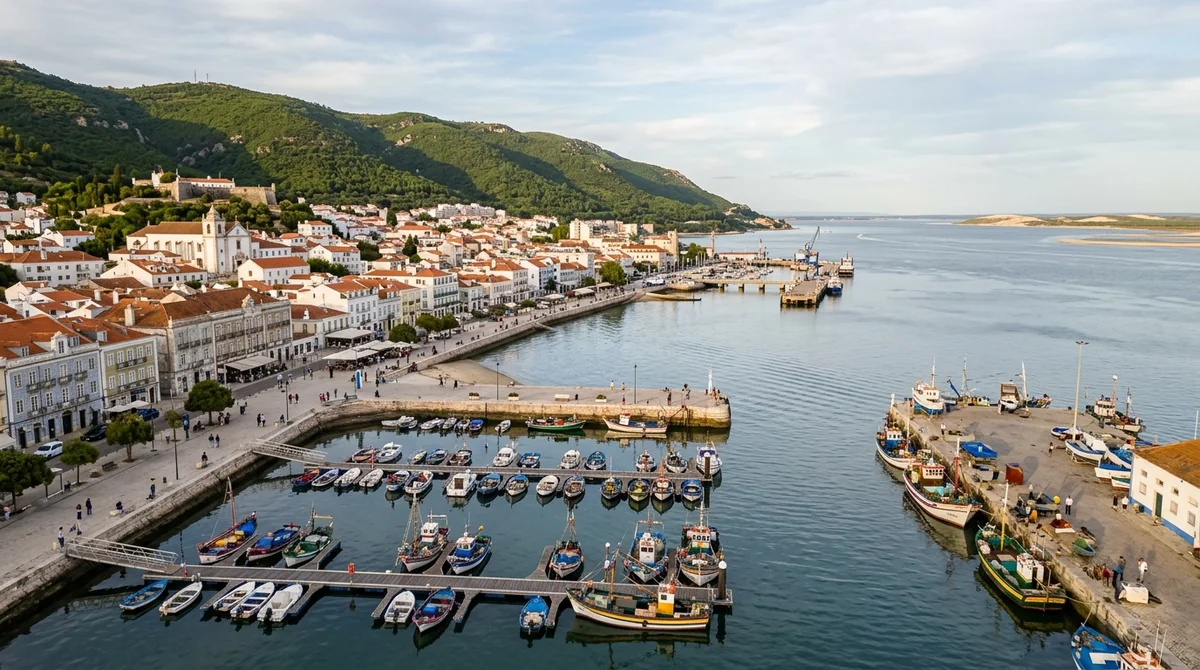 The Setubal waterfront and marina on the Sado estuary with the Serra da Arrabida behind