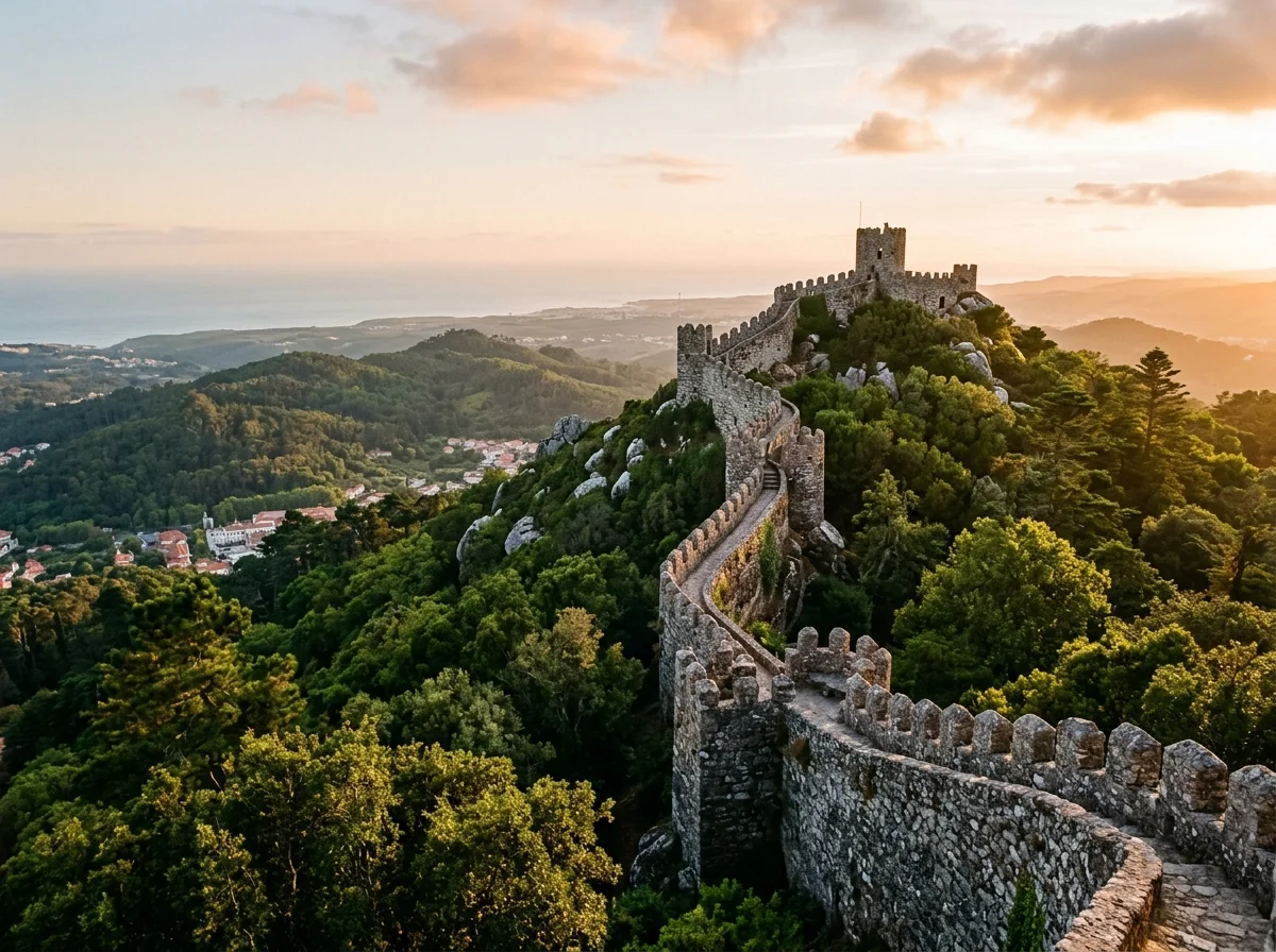 The Moorish Castle walls along the Sintra ridge at golden hour