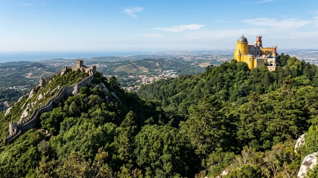 Pena Palace and the Moorish Castle across the Sintra hills, the main Sintra ticket monuments