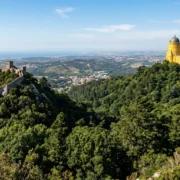 Pena Palace and the Moorish Castle across the Sintra hills, the main Sintra ticket monuments