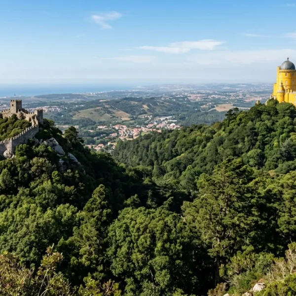 Pena Palace and the Moorish Castle across the Sintra hills, the main Sintra ticket monuments