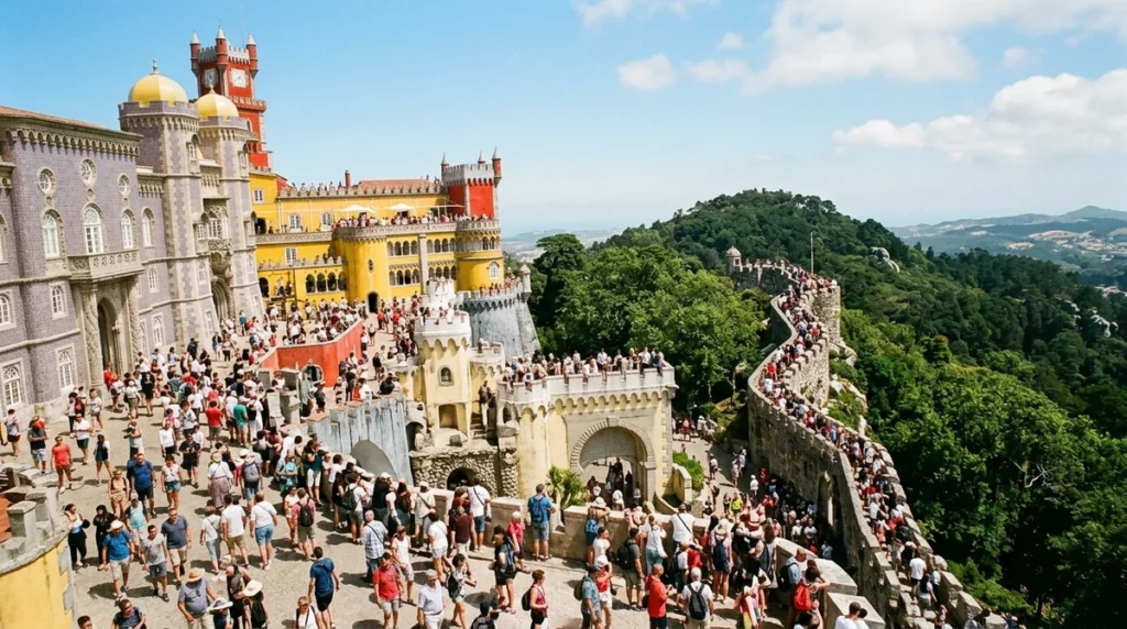 Crowds filling the terraces of Pena Palace in Sintra on a busy summer day