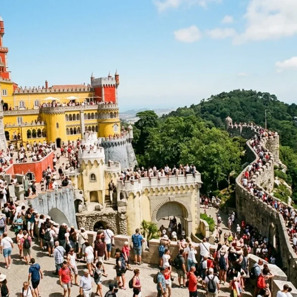 Crowds filling the terraces of Pena Palace in Sintra on a busy summer day