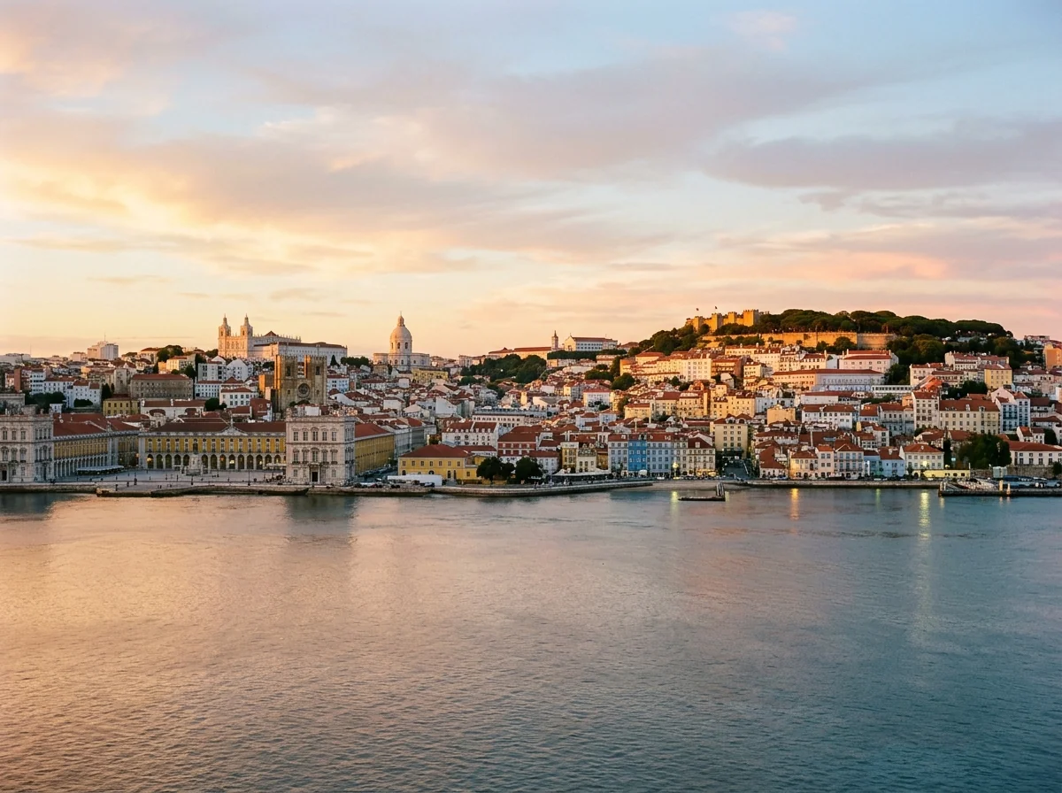 The Lisbon skyline and seven hills seen from across the Tagus at Cacilhas in Almada