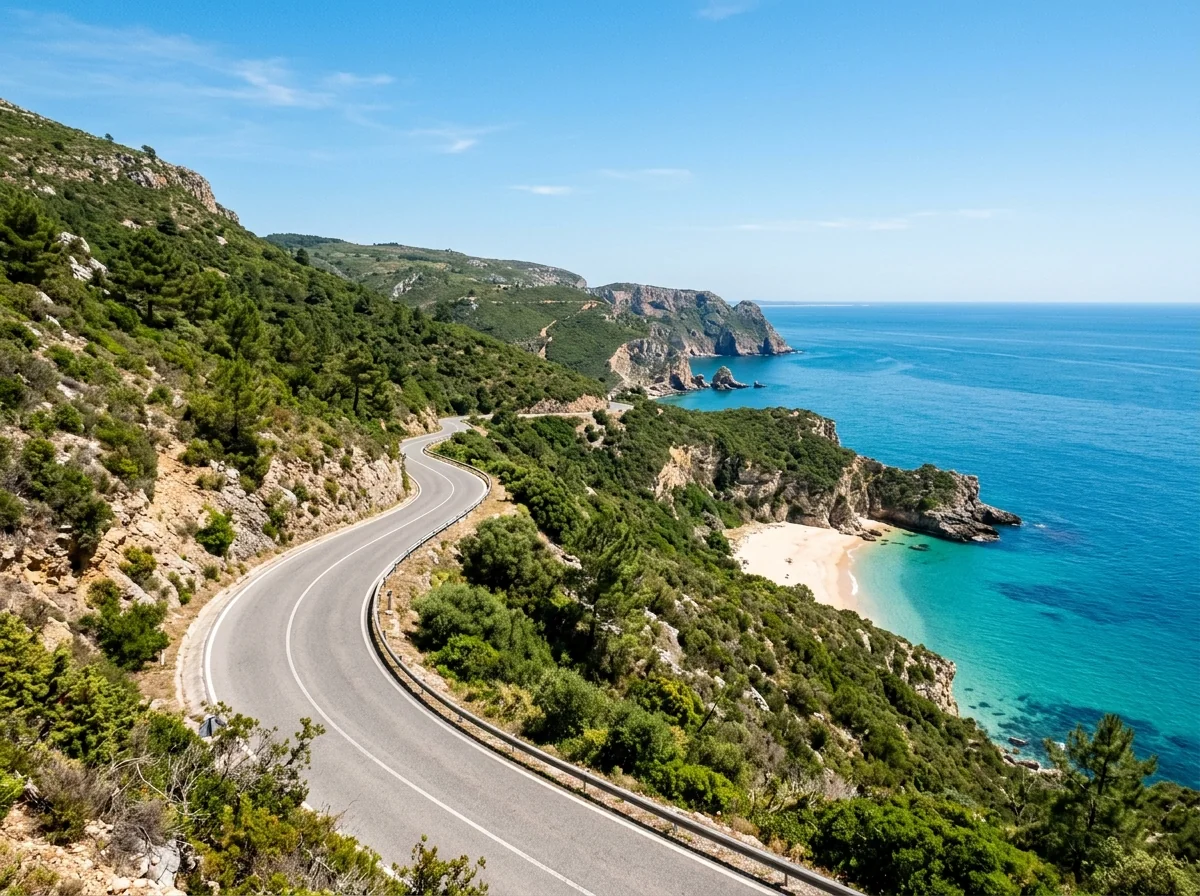 The coastal road through the Arrabida Natural Park above a turquoise bay near Setubal