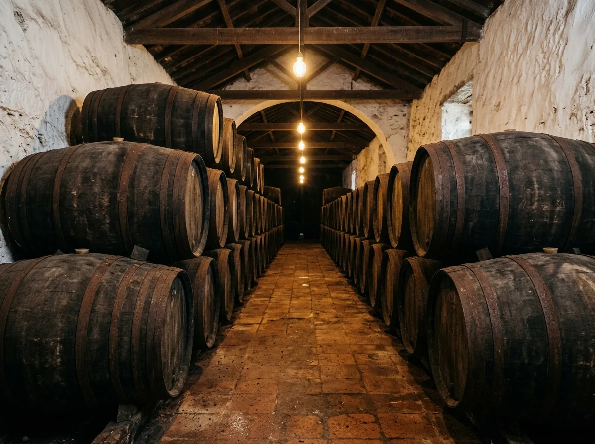 Oak barrels ageing in the Jose Maria da Fonseca cellars in Azeitao