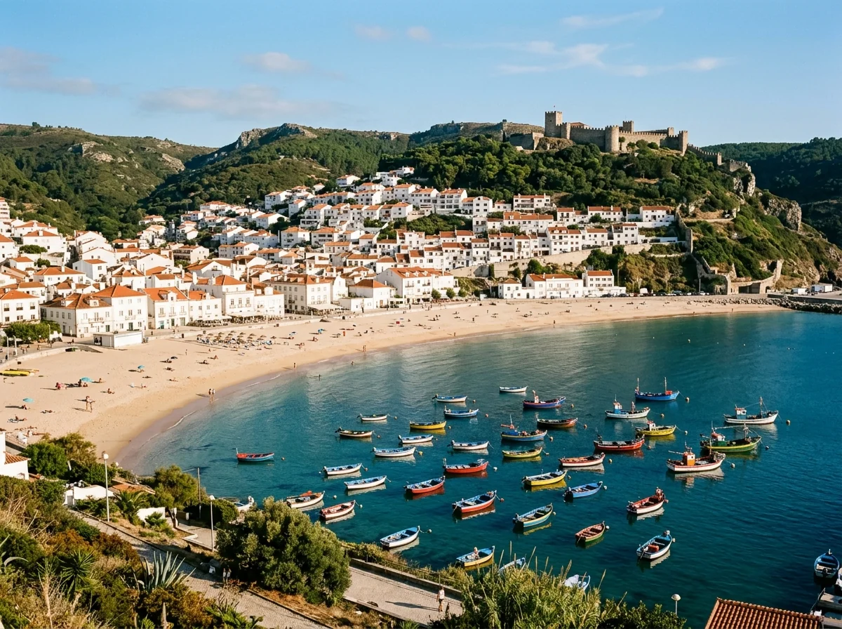 Fishing boats and the castle above Sesimbra on the Setubal coast near Azeitao
