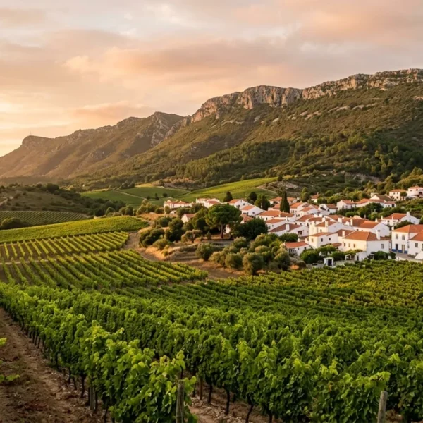 Vineyards and whitewashed village of Azeitao below the Arrabida hills near Lisbon
