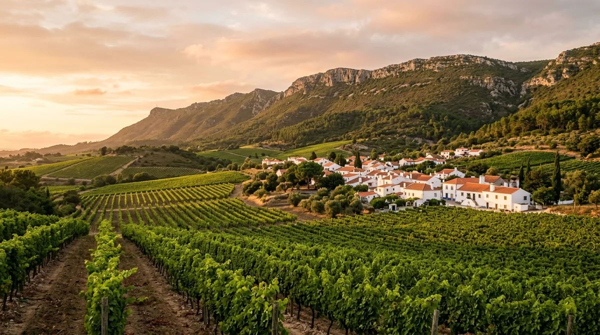 Vineyards and whitewashed village of Azeitao below the Arrabida hills near Lisbon