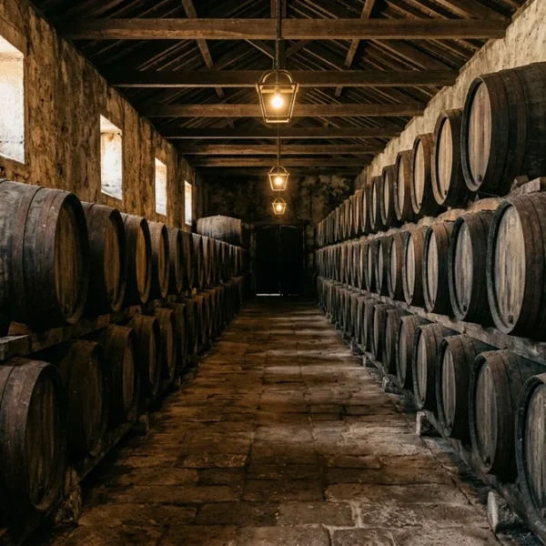 Rows of old oak barrels ageing in a historic Jose Maria da Fonseca cellar in Azeitao