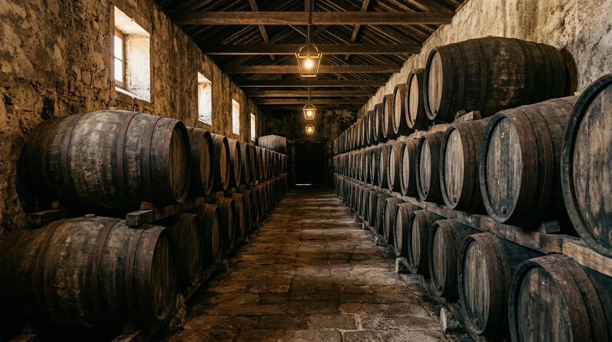 Rows of old oak barrels ageing in a historic Jose Maria da Fonseca cellar in Azeitao