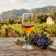 A glass of golden Moscatel de Setubal dessert wine with grapes and Azeitao cheese