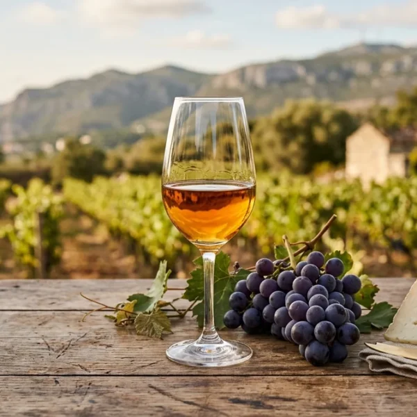 A glass of golden Moscatel de Setubal dessert wine with grapes and Azeitao cheese