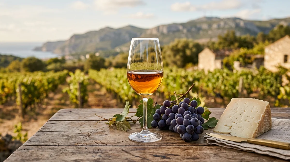 A glass of golden Moscatel de Setubal dessert wine with grapes and Azeitao cheese