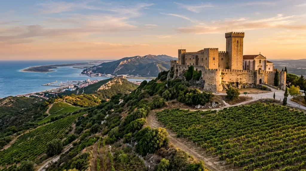 The hilltop Castle of Palmela above vineyards on the Setubal Peninsula near Lisbon