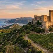 The hilltop Castle of Palmela above vineyards on the Setubal Peninsula near Lisbon