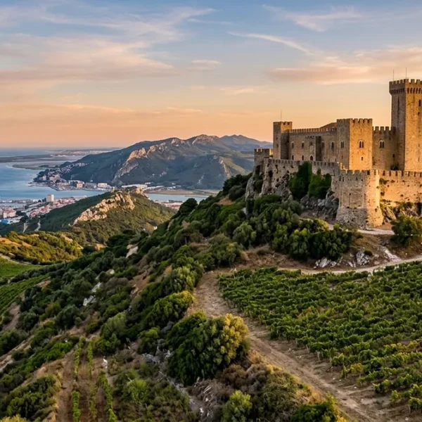 The hilltop Castle of Palmela above vineyards on the Setubal Peninsula near Lisbon
