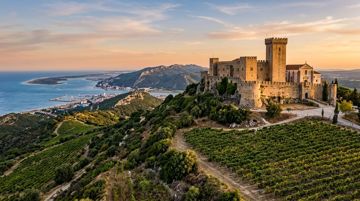The hilltop Castle of Palmela above vineyards on the Setubal Peninsula near Lisbon