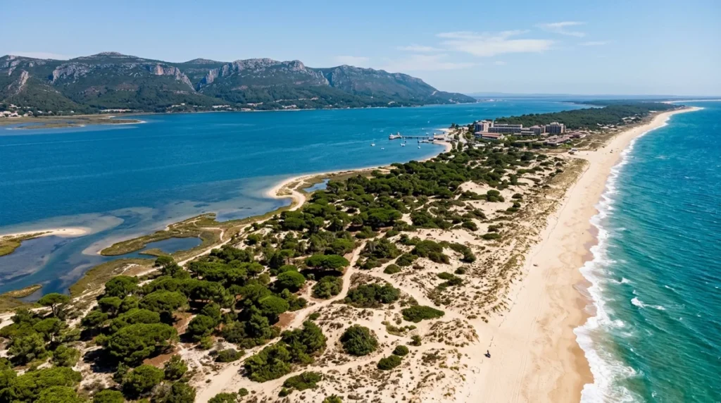 The Troia sand peninsula and Sado estuary seen from above near Setubal