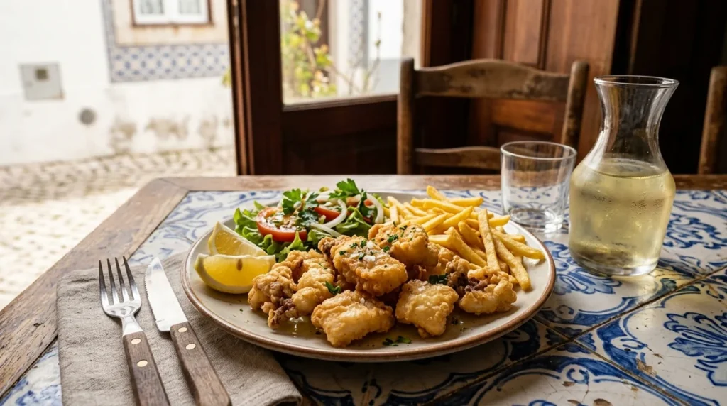 A plate of Setubal choco frito, fried cuttlefish with fries and lemon