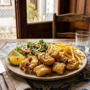 A plate of Setubal choco frito, fried cuttlefish with fries and lemon