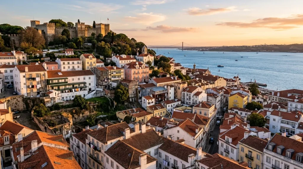 The Alfama rooftops and Sao Jorge Castle above the Tagus in Lisbon at golden hour