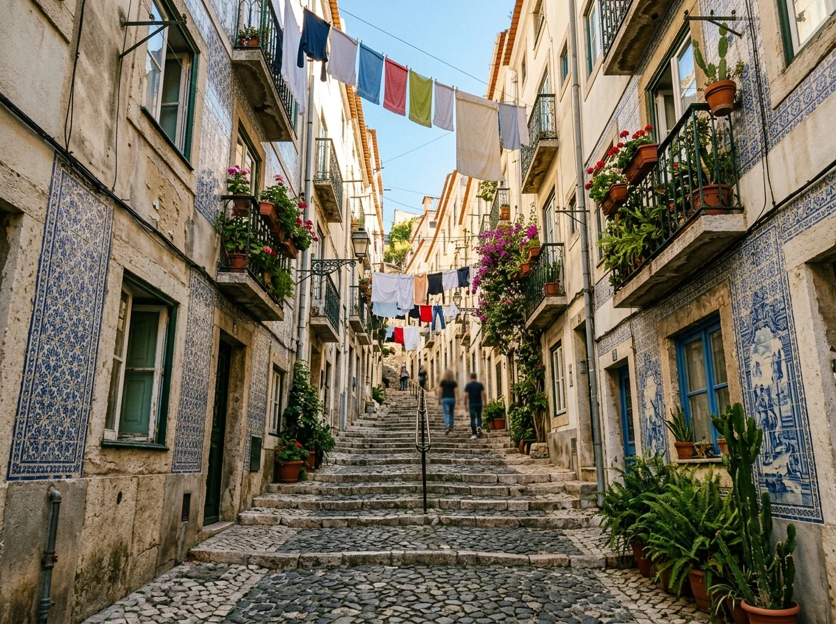 A steep tiled lane with steps and laundry in Alfama, Lisbon