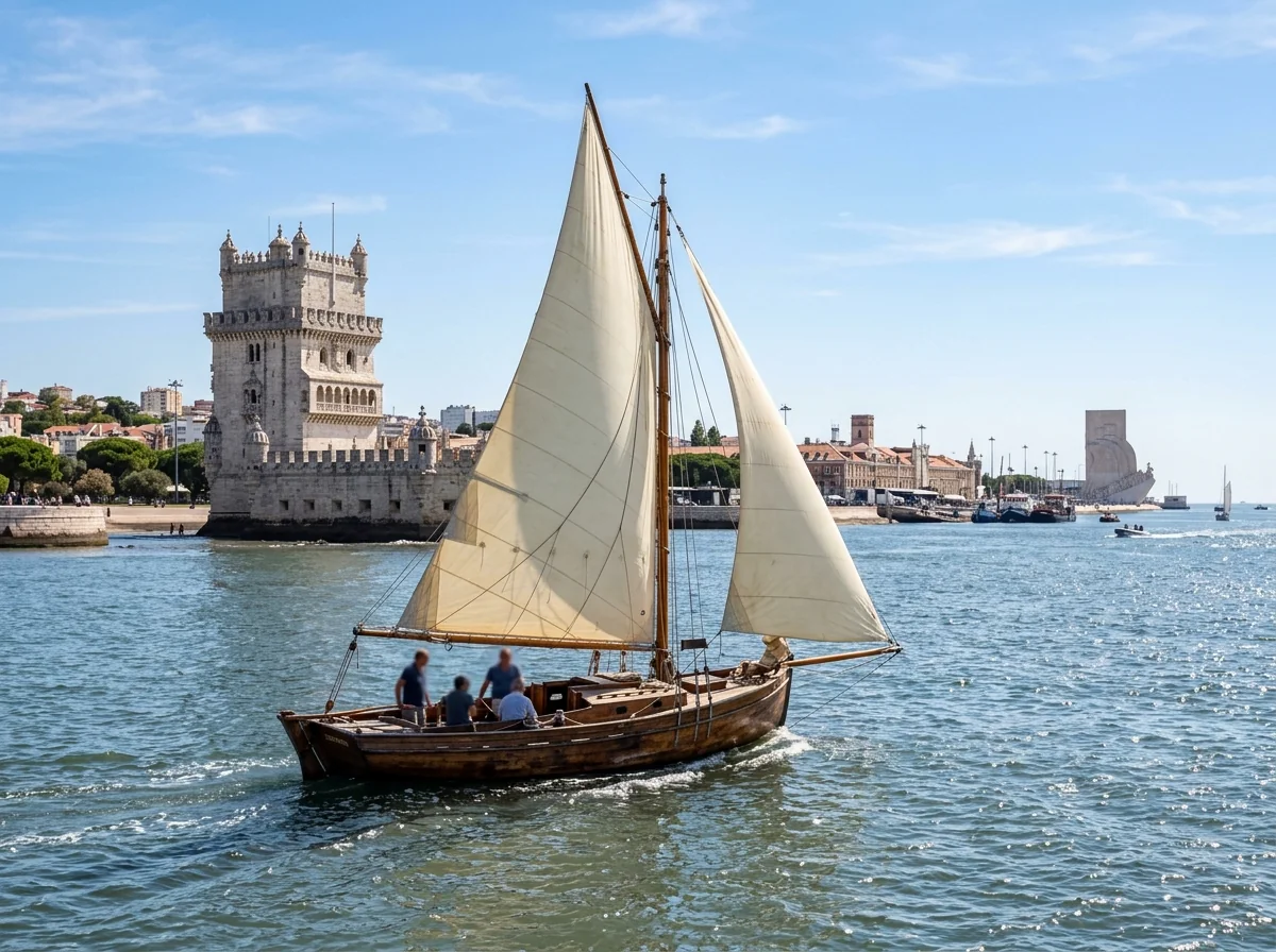 A vintage sailboat on the Tagus passing Belem Tower in Lisbon