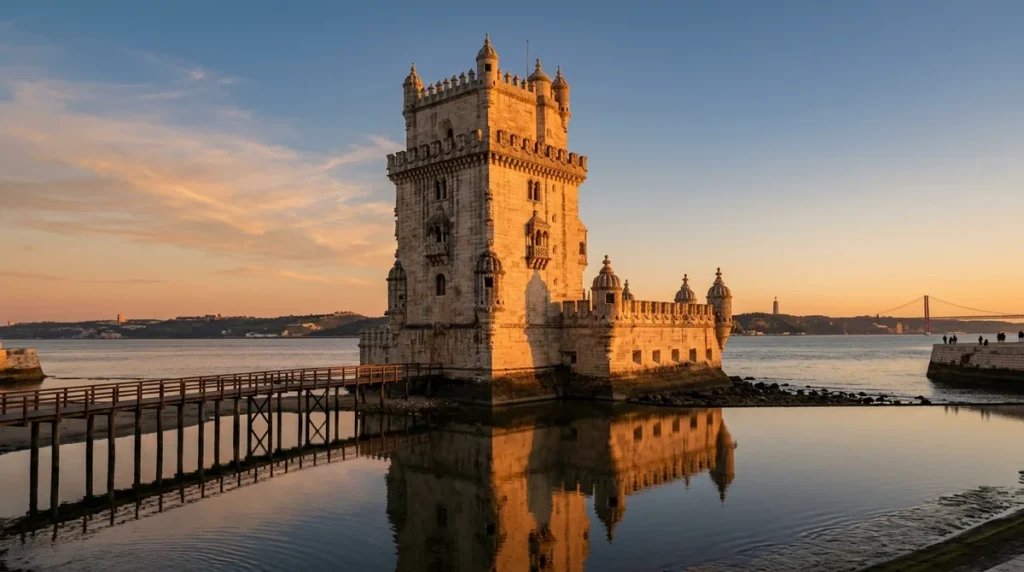 Belem Tower on the Tagus river in Lisbon at golden hour