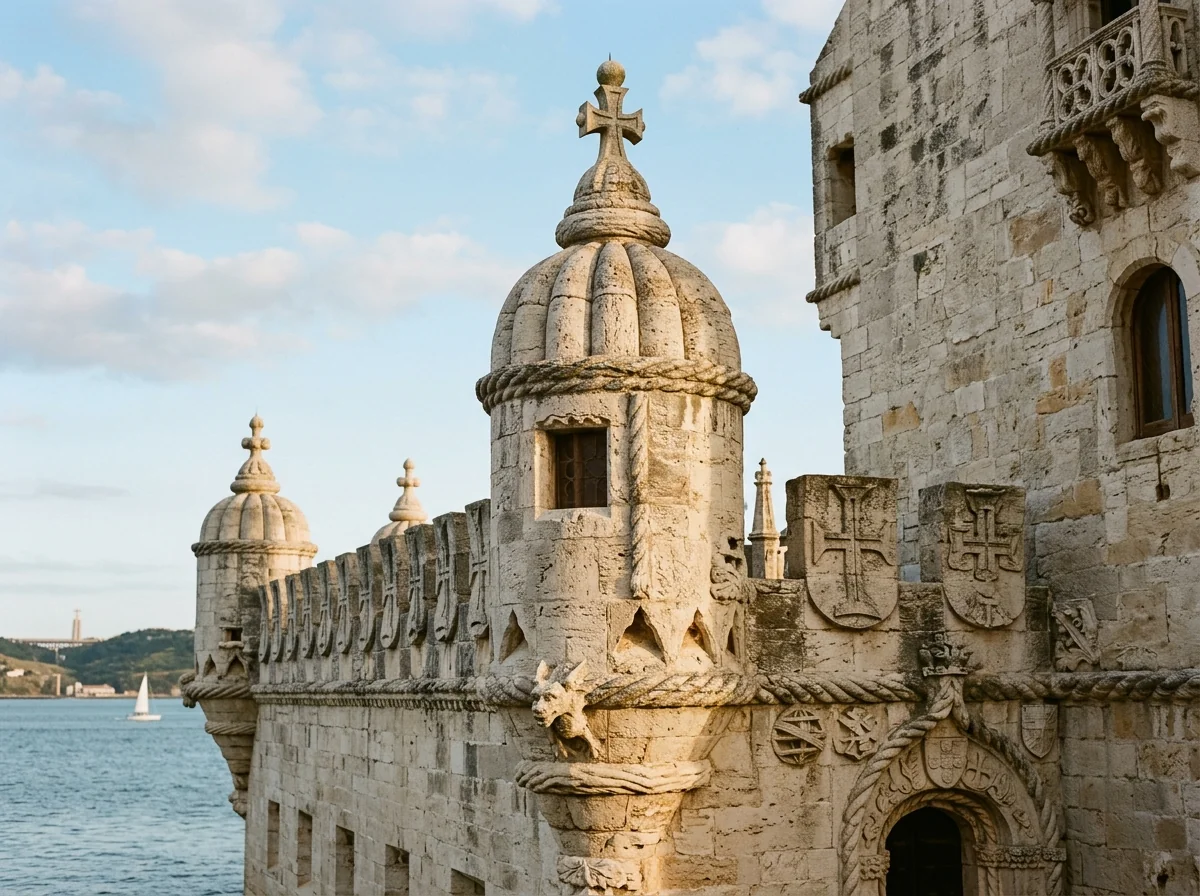 Carved Manueline stonework and a turret on Belem Tower